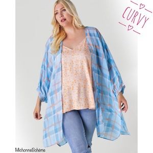 Davi & Dani Light Blue & Orange Plaid Print Kimono Cardigan